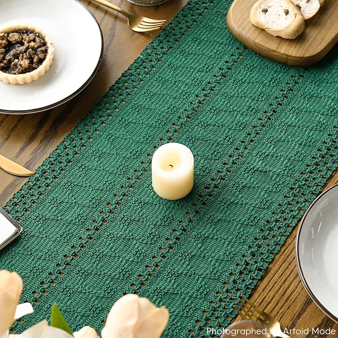Artoid Mode Dark Green Farmhouse Woven Rustic Hollow Table Runner, Seasonal Holiday Hollow Kitchen Dining Table Decoration for Home Party Decor 12x120 Inch