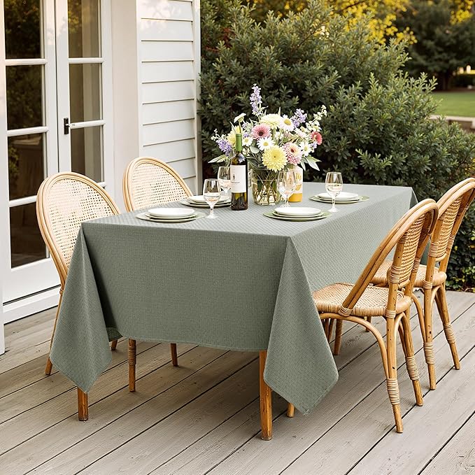 MIULEE Olive Green Linen Cottton Table Cloth Rectangle Tablecloth Waterproof Spillproof Cross-Star Textured Table Cltoth Decorative Farmhouse Style for Dining Party Weddings 52x70 Inch