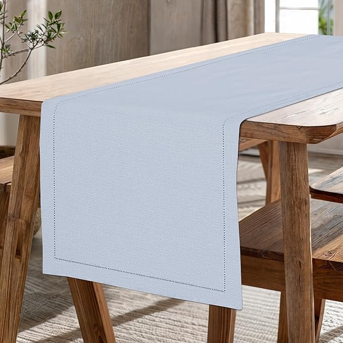 Ruvanti Linen Table Runner 60 Inches, Classic Hemstitch, Washable, Reusable, Non-Slipping, Stain Resistant- Perfect for Parties, Weddings, Dinners, Thanksgiving, Christmas, Indoor use – Arctic Ice