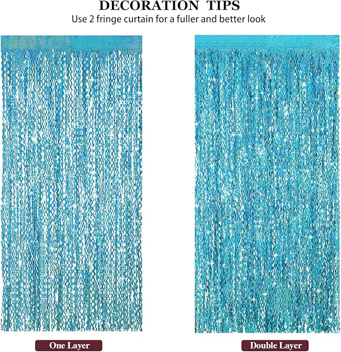 4 Pack Teal Aqua Blue Wavy Foil Fringe Curtains Party Decorations - 3.3 ft x 6.6 ft Sparkle Streamer Tinsel Curtain Party Photo Backdrops for Birthday Party Christmas Graduation Decoration