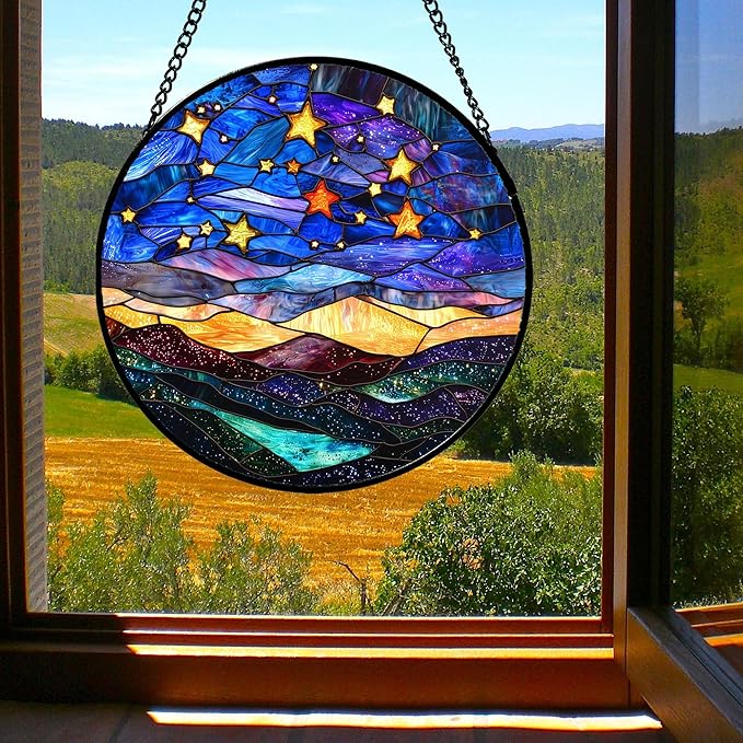 Stained Glass Window Hanging, Blue Sky Gold Stars Abstract Landscape Suncatcher for Doors Window Home Sun Catchers Decor Mother's Day Birthday Gifts for Women, Men Mom 11.8 in