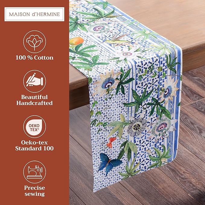 Maison d' Hermine Table Runner 100% Cotton Single Layer Table Runners 108 inches Long Decorative for Home Kitchen Dining Party Wedding Bridal Shower Spring Summer (Passiflora, 14.50" x 108")