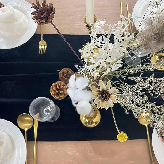 Luxurious Velvet Table Runner, 10ft Wedding Reception Decorations, 20x120inch Soft Velvet Fabric, Table Linen Overlay, Wedding Table Runners (Black, 20X120inch, 5pack)
