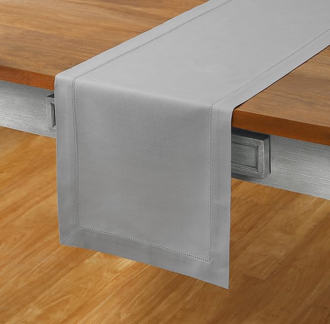 Solino Home Light Grey Table Runner 60 Inches - Cotton Linen Hemstitch Coffee Table Runner 14 x 60 Inch Ideal for Dresser Tables - Fall, Autumn, Halloween, Thanksgiving, Christmas, Holiday