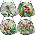 Stained Glass Window Hanging 4 Pcs Set Pink Green Insect Theme Large 11.8" - Butterfly Suncatcher Door Garden Sun Catcher Decor Birthday Christmas for Mom Woman Nana Men