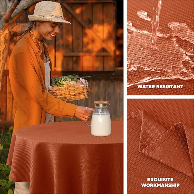 Biscaynebay Fall Tablecloth Textured Fabric Round Tablecloths 70", Rust Thanksgiving Autumn Harvest Water Resistant Fabric Tablecloths for Kitchen, Dining, Wedding, Parties Machine Washable