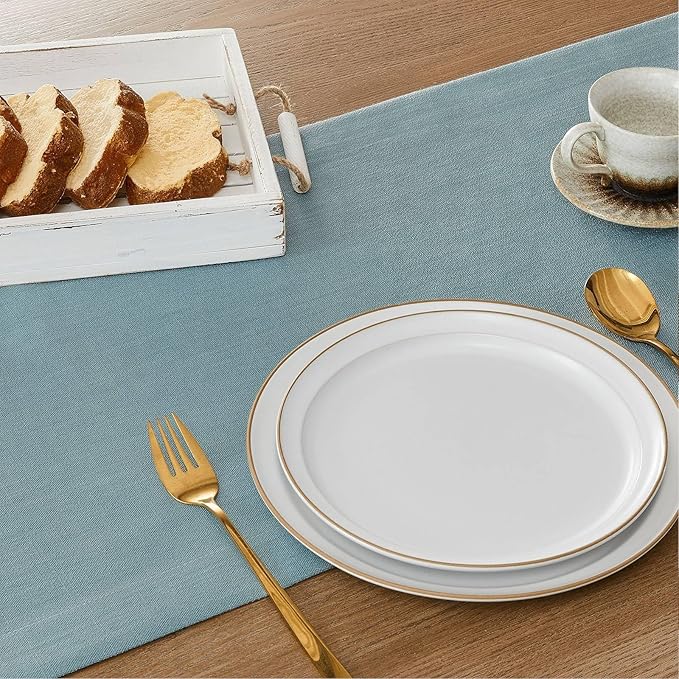ZeeMart Linen Textured Border Table Runner, 14 x 90 Inch Blue, Farmhouse Style Dusty Blue Table Runners 90 Inches Long, Easy Care Everyday Polyester Table Runner