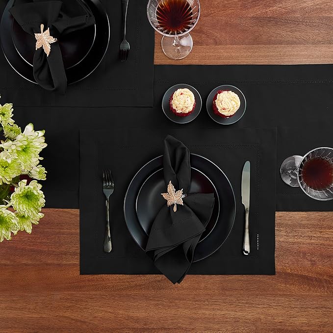 Black Table Runner 90 Inch–Cotton Linen Hemstitch Farmhouse Table Runner 14x90 – Washable Fabric for Dining, Fall, Halloween, Thanksgiving, Spring, Summer, Wedding, Everyday Décor – Serena