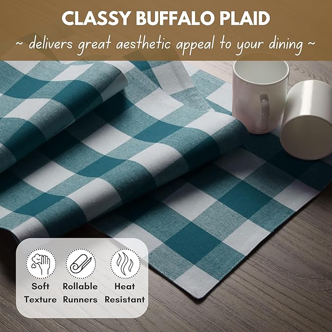 Native Fab Table Runner Buffalo Check Plaid 100% Cotton - 13x72 Inches Kitchen Dining Table Decoration for Indoor Outdoor Farmhouse Home Party Decor - Teal Green and White