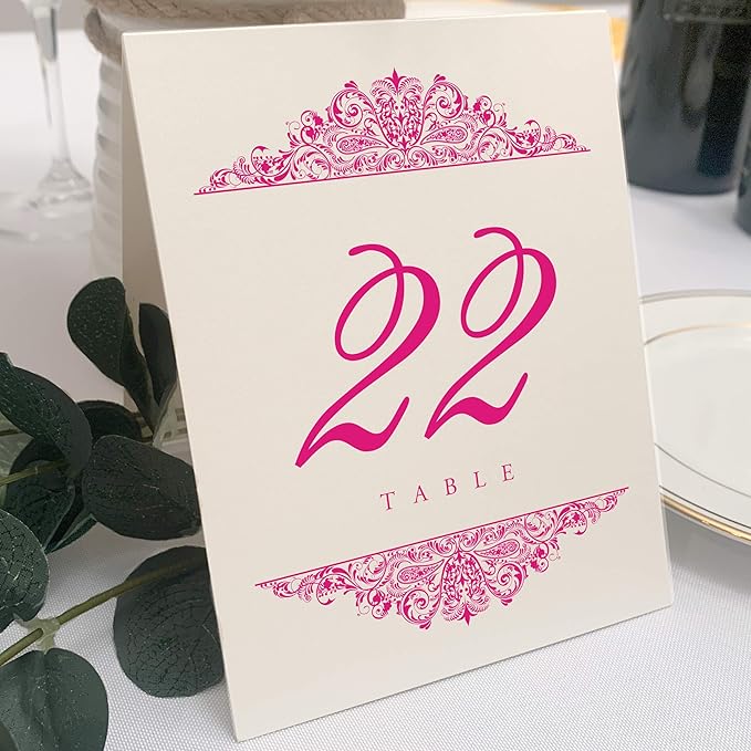 Paisley Wedding Table Numbers (Select Color/Quantity), Champagne, Fuschia, 1-200, Double Sided, Tent or Use in a Stand, Great for Parties & Restaurants - Made in the USA