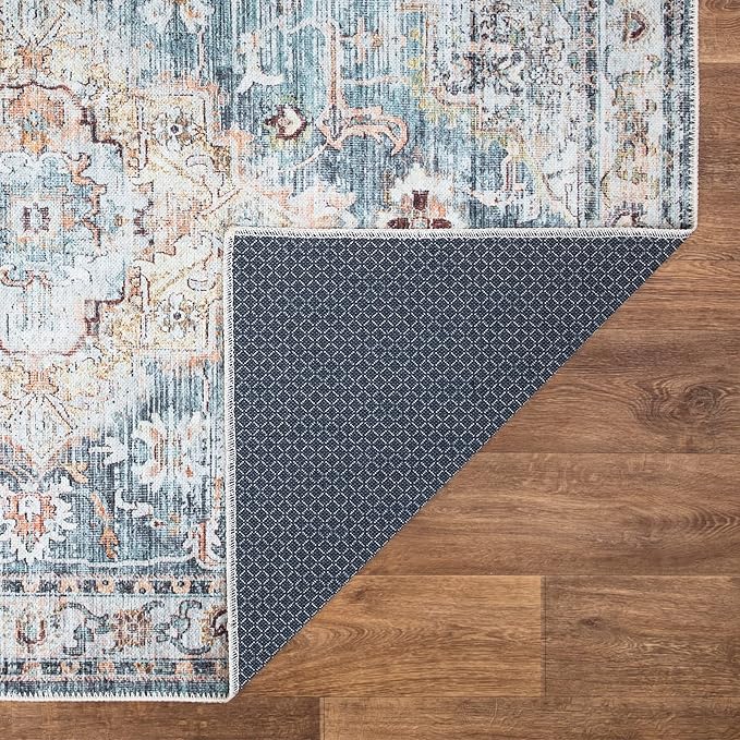 Bloom Rugs Washable Non-Slip 4' x 6' Rug - Teal/Peach Traditional Area Rug for Living Room, Bedroom, Dining Room, and Kitchen - Exact Size: 4' x 6'