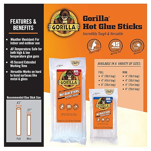Gorilla Hot Glue Sticks, Clear Glue, Mini Size 4" Long x 0.27" Diameter, 75 Count (Pack of 6) - Safe for All Temperatures with Extended Working Time