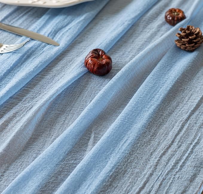 3pcs Light Blue Gauze Rustic Cheesecloth Table Runner 120 Inch 10 FT for Wedding Baby Shower Bridal Shower Birthday Engagement Garden Outdoor Party Long Sheer Boho Decorations