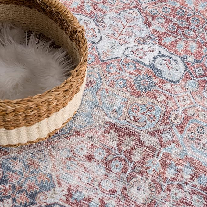 Bloom Rugs Caria Washable Non-Slip 7 ft Runner - Brick/Dark Blue Traditional Runner for Entryway, Hallway, Bathroom, and Kitchen - Exact Size: 2'6" x 7'