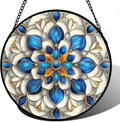 Stained Glass Window Hanging - Blue and White Abstract Flowers Suncatcher for Door Terrace Garden Home Decor, Gold Sun Catcher Birthday Gifts for Lovers Women Men Dad Mom Nana 7.8 in