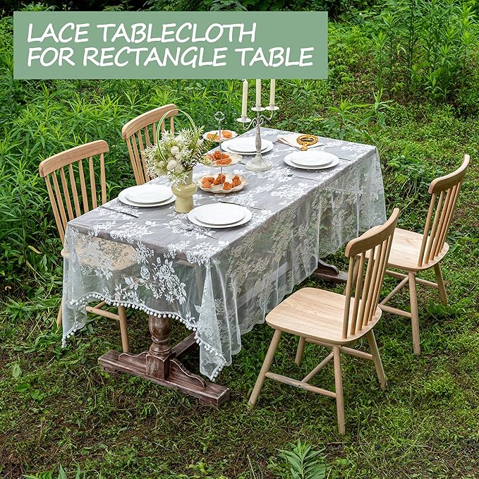 Jayla White Lace Tablecloth for Rectangular Tables, Vintage Style Wedding Table Cloths for Reception, Baby Shower, Birthday Party, Formal Dining, Dinner Parties 54 X 80 Inches