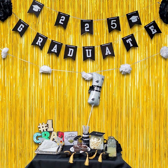8 Pack 2025 Graduation Party Decorations, 3.28 FT x 7.05 FT Gold Backdrop, Metallic Graduation Photo Backdrop Grad Foil Curtains Party Streamer, Class of 2025 Decorations Grad Decor