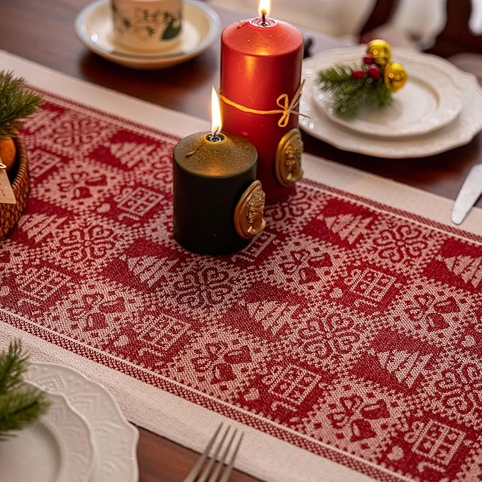 Table Runners 107 Inches,Christmas Tree Table Runner with Tassel Fringe,Gift Table Runner for Party，Coffee Table, Festival