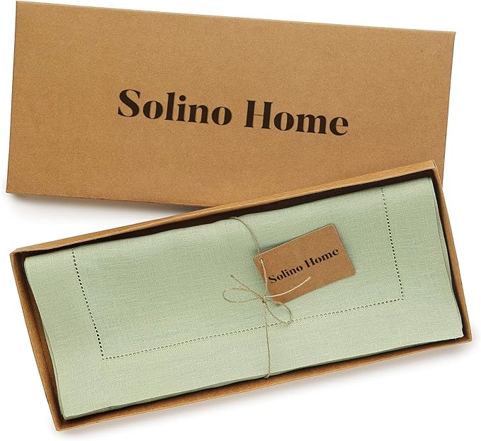 Solino Home Linen Sage Green Table Runner 132 Inches Long - 100% Pure Linen Extra Long Table Runner 14 x 132 Inch for Fall, Autumn, Thanksgiving, Christmas - Classic Hemstitch