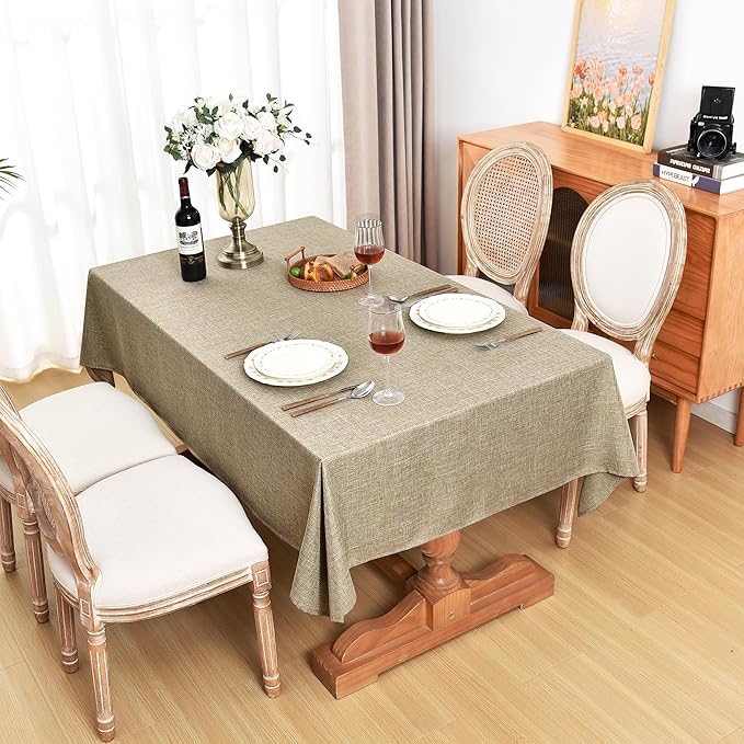 Fitable Faux Linen Table Clothes Rectangle 60 x 120 Inch - 2 Pack Khaki Tablecloths for 8 Foot Tables, Faux Burlap Kitchen Table Covers for Dining, Party, Farmhouse, Banquet, Buffet