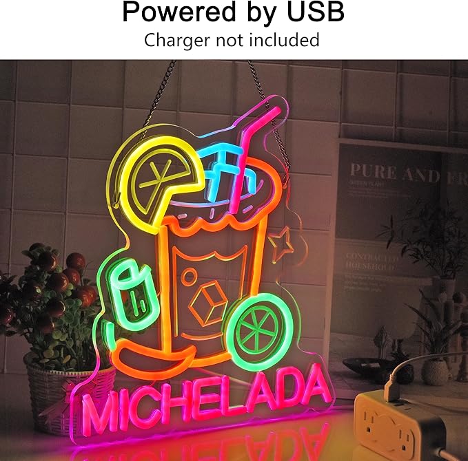 CNBEYOUNG Michelada Neon Sign, Neon Lights Hanging Wall Art Decoration for Mexican Restaurant Cocktail Bar Man Cave Kitchen Party Home Decor, USB Powered Ultra Bright Dimmable,13.46x 12.6inches