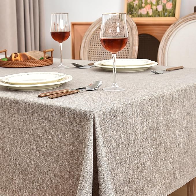 Fitable Faux Linen Tablecloths Rectangle 60 x 102 Inch - 2 Pack Neutral Table Clothes for 6-8 Foot Tables, Nature Faux Burlap Kitchen Table Cover for Dining, Party, Farmhouse, Banquet, Buffet