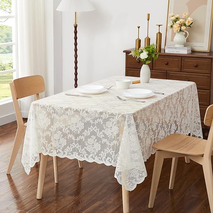 LinenZone Ivory Rectangle Tablecloth for Rustic Vintage Decor. Sheer Lace Works Great As Wedding, Thanksgiving or Christmas Tablecloth (Mia TC 60 x 144, Ivory)