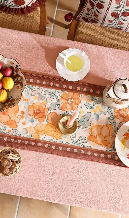 Designer Vintage Orange Floral Table Runner,French Farmhouse Soft Linen Table Runners 94 Inches Long,Decor Tabletop for Kitchen,Dining,Party,Tea Party,Christmas,16"*94"