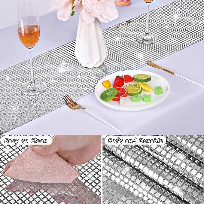 Durony Disco Table Runner 11 x 108 Inch - Mirror Silver Glitter Foil With Sparkle Sequin for Bachelorette, 70s, Cowgirl Party Decorations