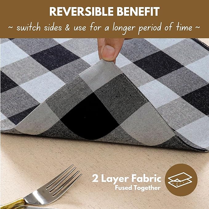 Native Fab Table Runner Buffalo Check Plaid 100% Cotton - 13x108 Inches Kitchen Dining Table Decoration for Indoor Outdoor Farmhouse Home Party Decor - Black, Grey