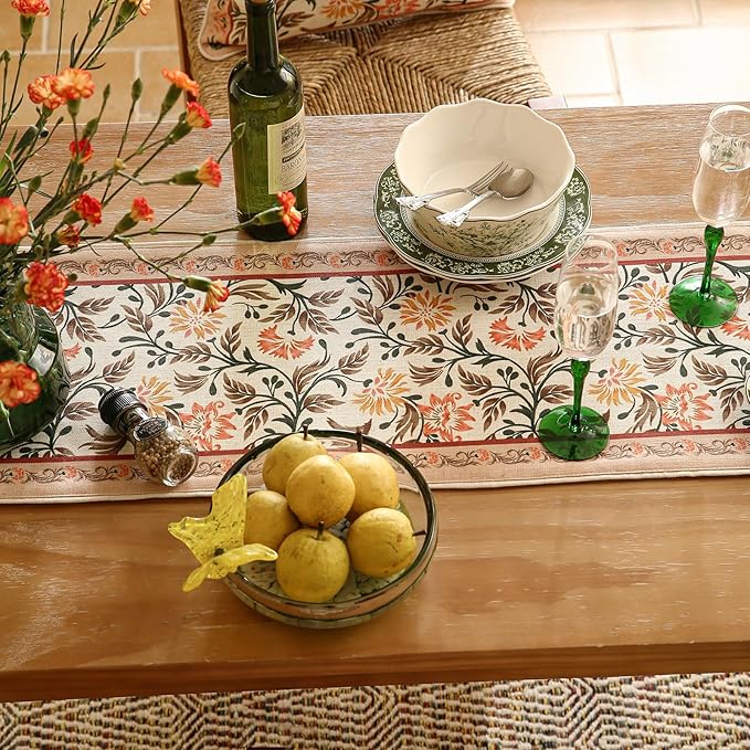 ISAENNE Designer French Elegant Linen Extra Long Table Runner 118 Inches,Farmhouse Lily Pattern Decor Table Runners for Dining Tables,Thanksgiving,Kitchen Tables,Christmas,12"*118"-Aurora A