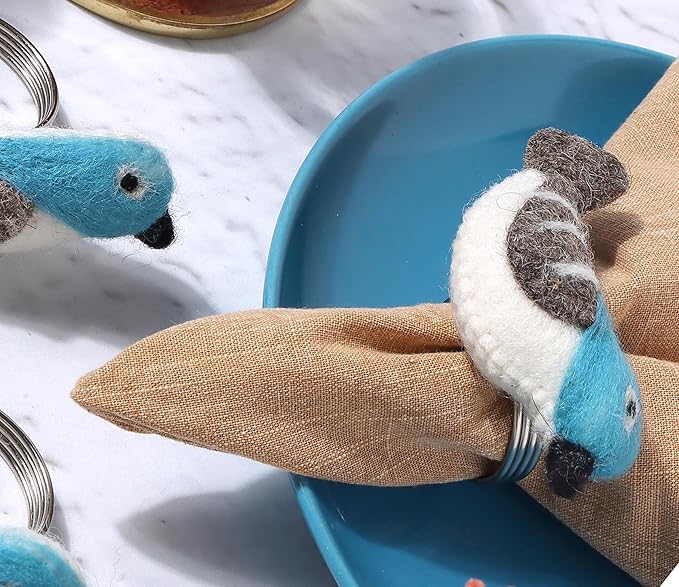 Wool Felt Napkin Ring Set of 8 - Bird Napkin Holder for Dining Table with Silver Electroplated Metal Base - Perfect for Spring, Holiday Parties, Rustic Event (White Blue Grey Black) - CLEENTABLE