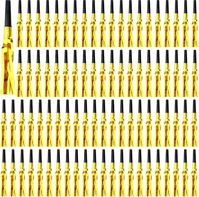 102 Pieces Glitter Gold Fringed Noise Maker Musical Blow Outs Musical Blowouts whistle Party Blow Horns for Kids Birthday Holiday New Years Party Favors Goodie Bag Stuffers Fillers