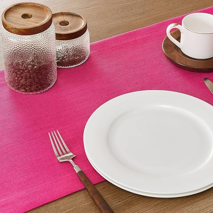 ZeeMart Linen Textured Border Table Runner, 14 x 60 Inch Hot Pink, Farmhouse Style Pink Table Runners 60 Inches Long, Easy Care Everyday Polyester Table Runner