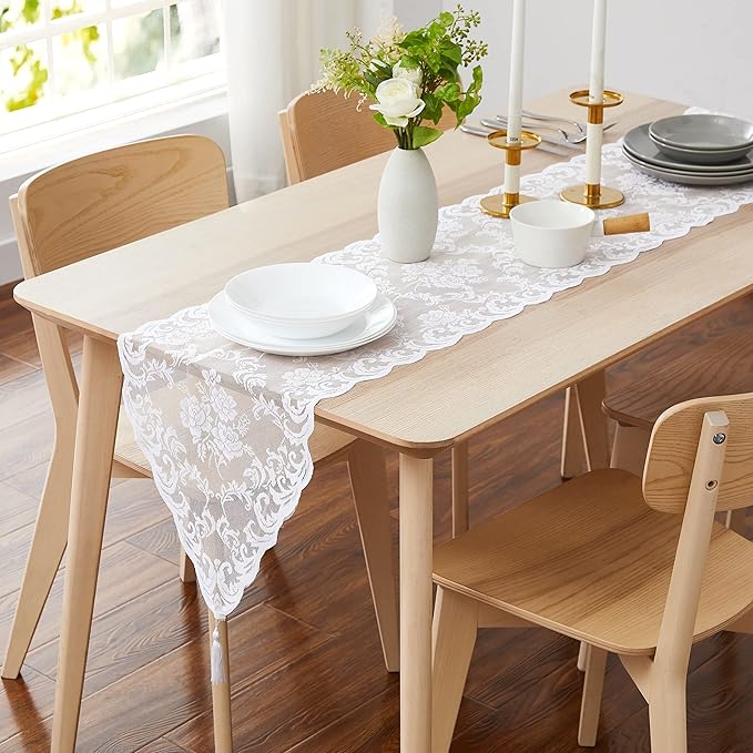 LinenZone White Table Runner with 2 Tassels for Rustic Vintage Decor. Lace Table Runner Works Great As Wedding, Thanksgiving, Christmas Decor(Mia 14 x 48, White)