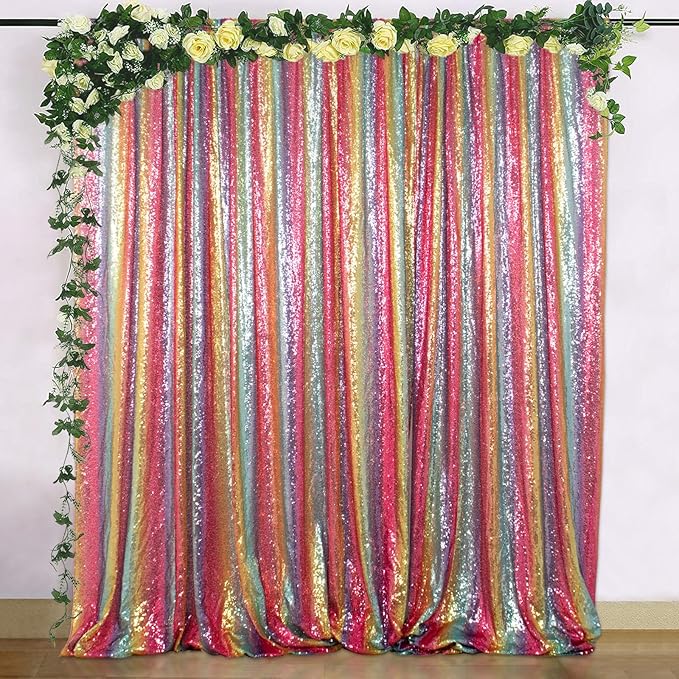 ShiDianYi Rainbow Backdrop Curtains 4FTX10FT Sequin Backdrops 2 Panels Colorful Backdrop for Parties, Birthday, Baby Shower, Studio, Photo Background