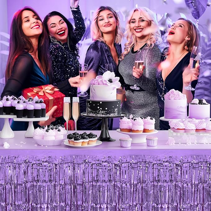 4 Pack Light Purple Table Skirts, 29x108" Metallic Foil Tinsel Fringe Table Skirts for Rectangle Tables Streamer Curtains Backdrop, Party Decorations for Birthdays Weddings Holidays