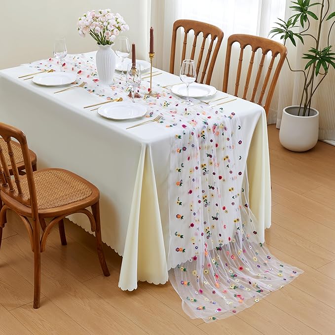JIALE Ivory Floral Table Runner, Embroidery Daisy Seasonal Table Decorations, 120Inch 10FT 1PC Tulle Fabric for Home Decor, Bridal Shower Wedding, Baby Shower Parties, DIY Craft