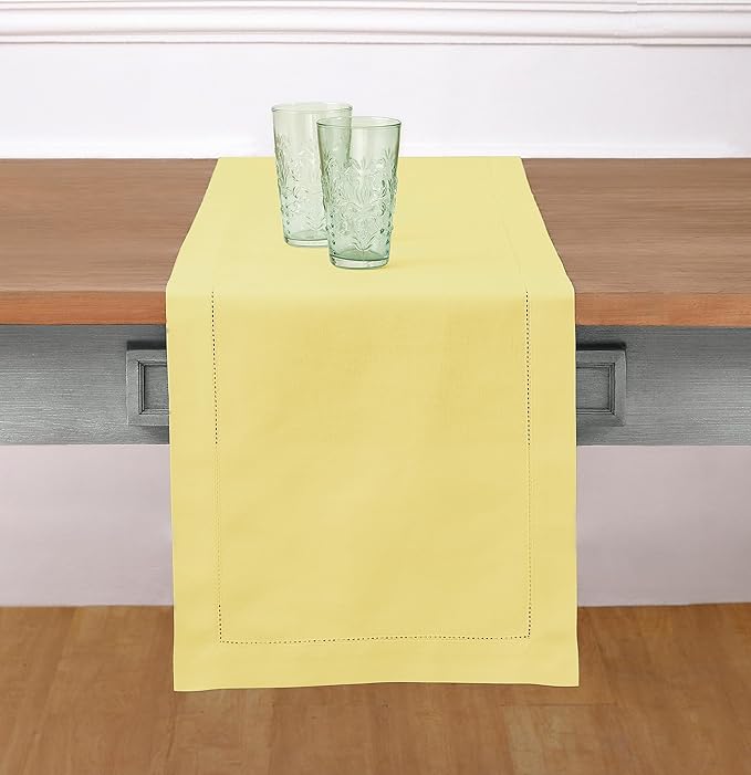 Solino Home Cotton Linen Yellow Table Runner 120 Inches Long - Hemstitch 14 x 120 Inch Table Runner