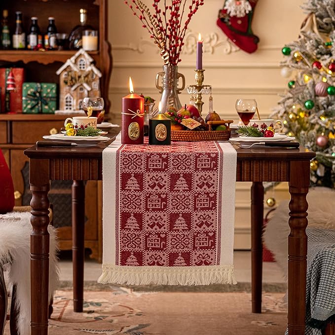 Table Runners 107 Inches,Christmas Tree Table Runner with Tassel Fringe,Gift Table Runner for Party，Coffee Table, Festival