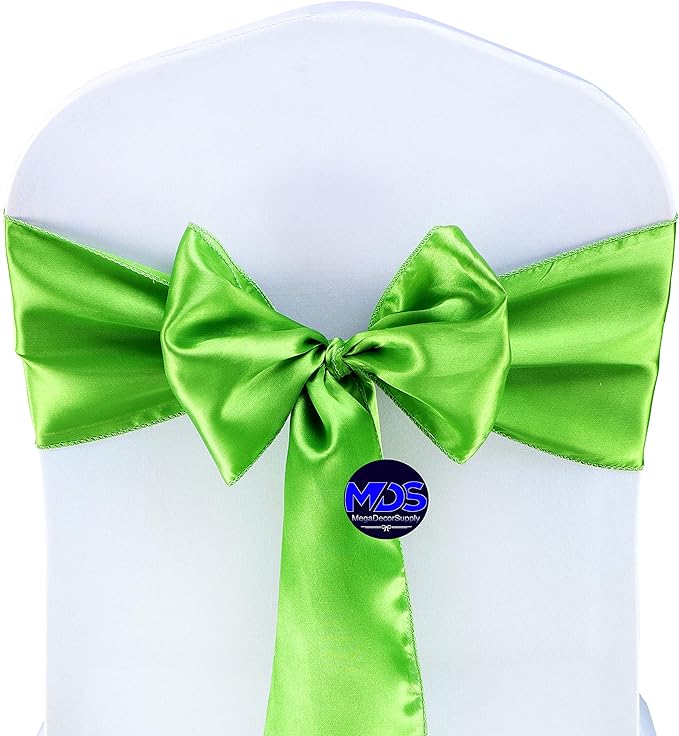 MDS Pack of 150 PCS Satin Chair Sashes Charmeuse Sateen Dining Chair Bows Ribbon Ties Back Sash for Wedding Party Birthday Home Hotel Restaurant Banquet Decoration (7 x 108 Inch, Parrot Green)