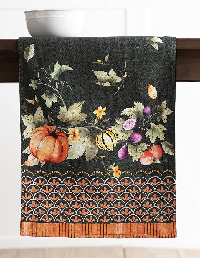 Maison d' Hermine Table runner 100% Cotton Double Layer Table Runners 72 inches long for Thanksgiving Christmas Decorations Home Kitchen Dining Party Wedding (Pumpkin Garden - Dark Green, 14.5" x 72")