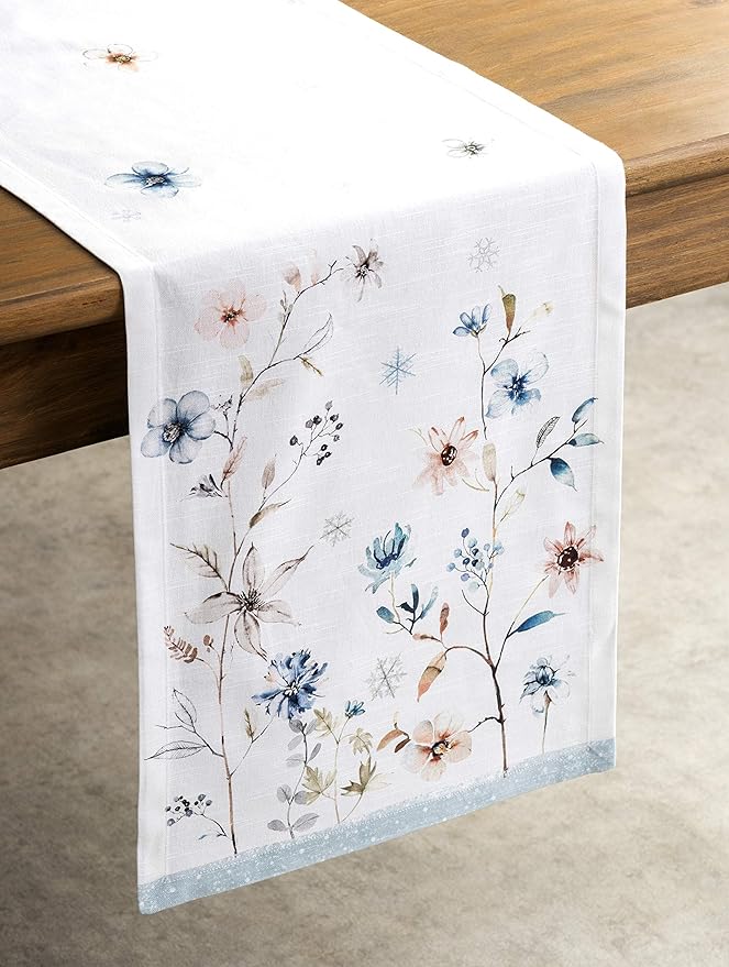 Maison d' Hermine Table Runner 100% Cotton Single Layer Table Runners 48 inches Long for Thanksgiving Christmas Decorations Home Kitchen Dining Party Wedding (Ice Florals, 14.5" x 48")