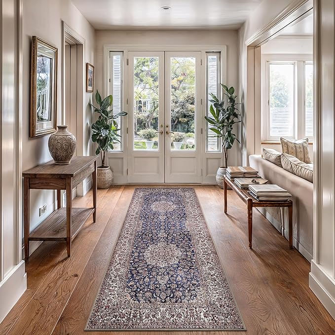 Bloom Rugs Washable Non-Slip 10 ft Runner - Dark Blue/Beige Traditional Medallion Runner for Entryway, Hallway, Bathroom, and Kitchen - Exact Size: 2.5' x 10'