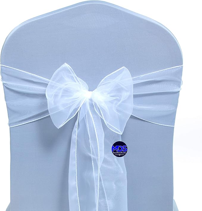 MDS Pack of 25 PCS Organza Chair Sashes Wider Dining Chair Bows Ribbon Tie Back for Wedding Party Birthday Bridal Shower Reception Event Banquet Home Chair Cover Decoration - White