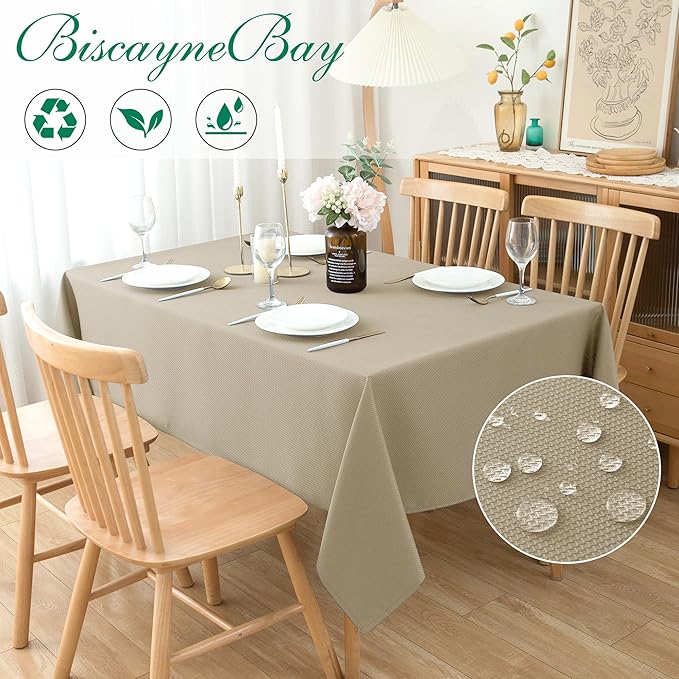 Biscaynebay Textured Fabric Tablecloths 70x108 Inches Rectangular, Natural Water Resistant Tablecloths for Dining, Kitchen, Wedding, Parties etc. Machine Washable