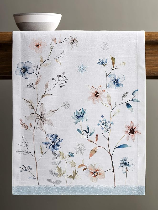 Maison d' Hermine Table Runner 100% Cotton Single Layer Table Runners 90 inches Long for Thanksgiving Christmas Decorations Home Kitchen Dining Party Wedding (Ice Florals, 14.5" x 90")