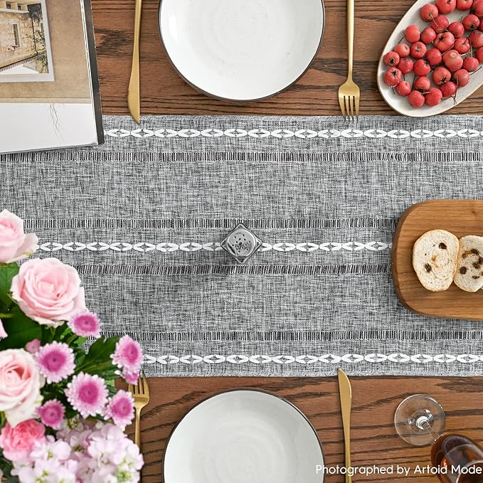 Artoid Mode Dark Grey Rustic Cotton Linen Table Runner, Seasonal Embroidered Hollow Kitchen Dining Table Decoration for Home Party Decor 13x72 Inch