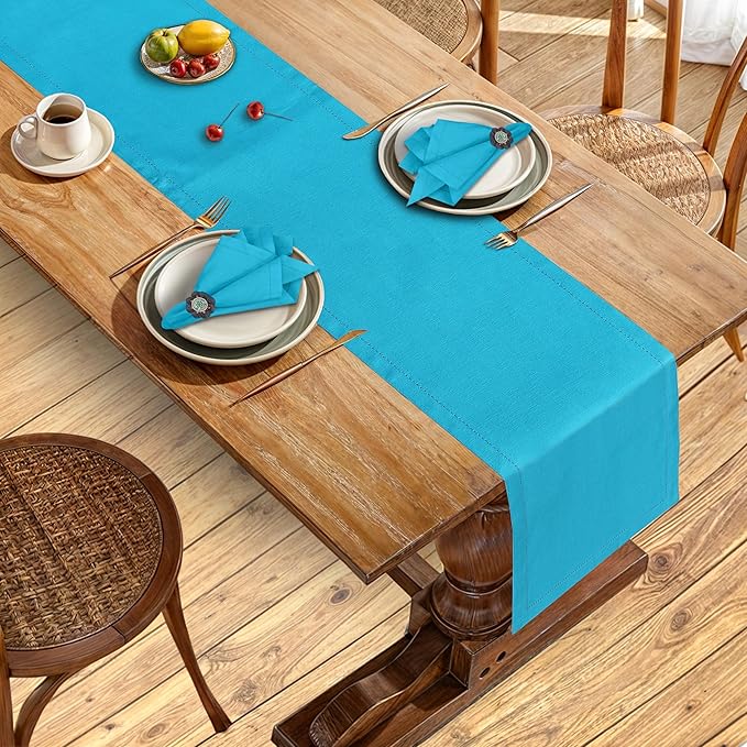 Ruvanti Linen Table Runner 90 Inches, Classic Hemstitch, Washable, Reusable, Non-Slipping, Stain Resistant- Perfect for Parties, Weddings, Dinners, Thanksgiving, Christmas, Indoor use – Blue