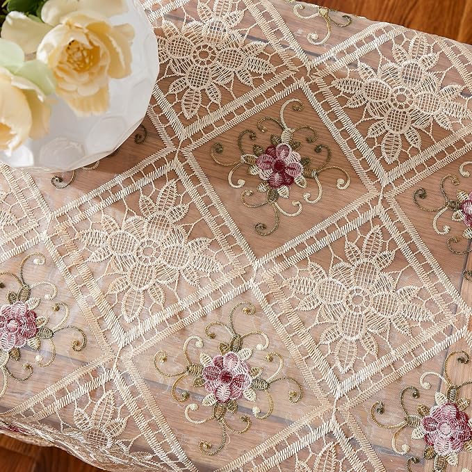 WARM HOME DESIGNS Gold Lace Table Runner. 36 Inch Small Table Runner is Embroidered with Intricate Flower Design. VTR Linen 36